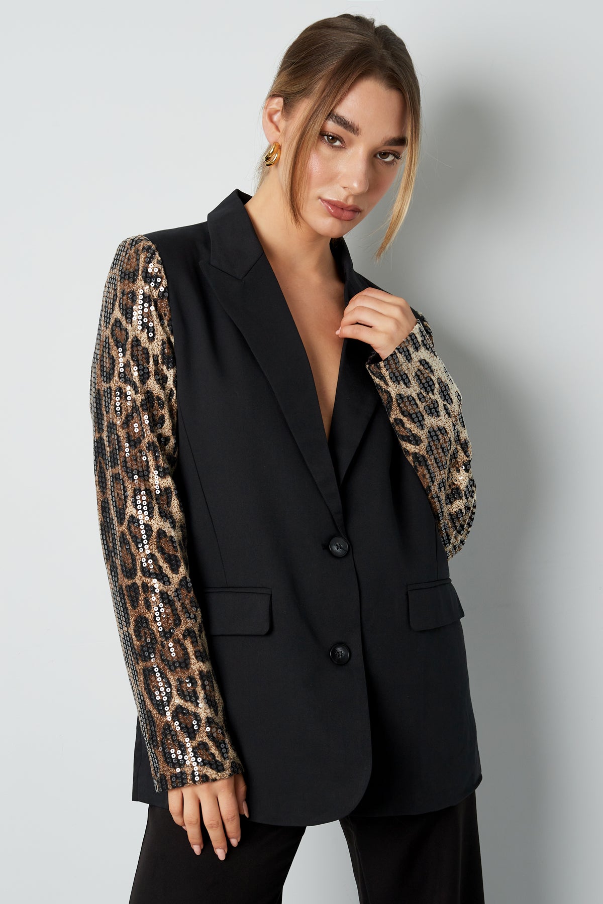 Blazer with Leopard Print Glitter Sleeve