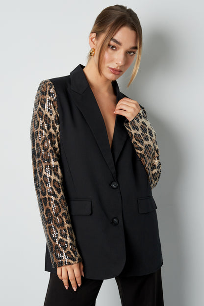 Blazer with Leopard Print Glitter Sleeve