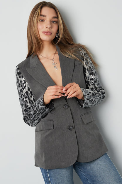 Blazer with Leopard Print Glitter Sleeve